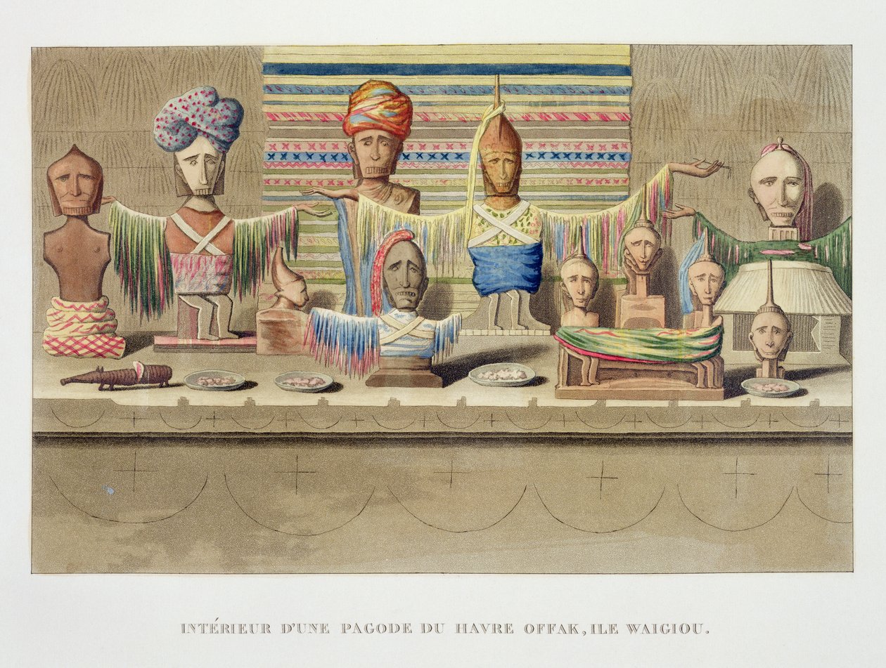 Egy Spirit House belseje, Offak kikötője, Waigiou sziget, a világ körüli utazásból, amelyet a király parancsa hajt végre Őfelsége La Coquille-én, 1822, 1823, 1824 és 1825 során, alkotó: French School