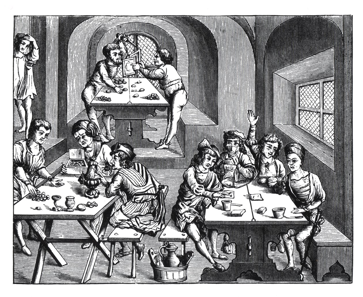 Egy szálló belseje, egy fametszet nyomán Vergilius fólió kiadásában, Lyons, 1517 alkotó: French School