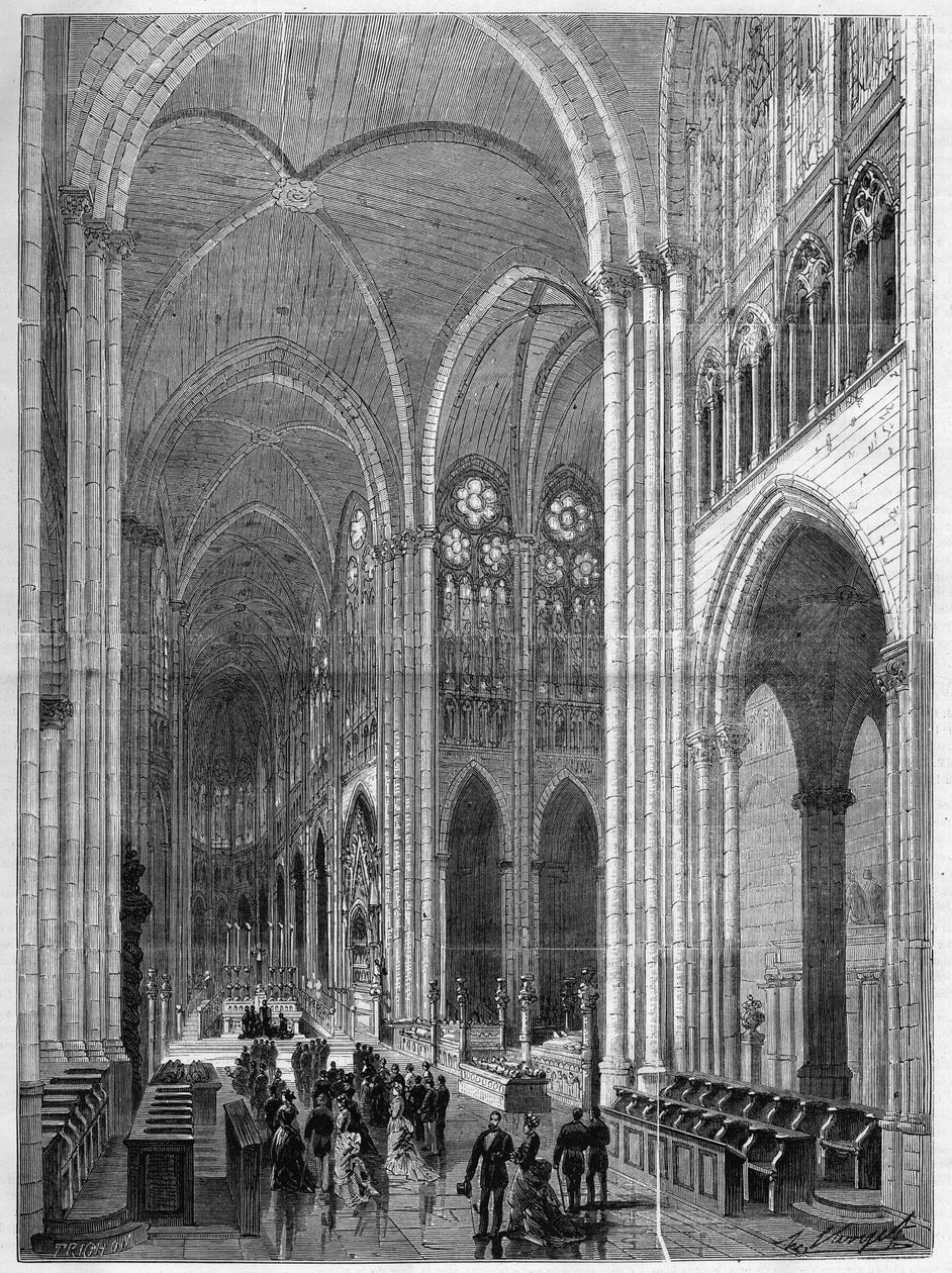 A Szent Denis-bazilika (Saint Denis) belseje Eugene Viollet-le-Duc (Viollet le Duc) (1814-1879) tervei alapján restaurált. Metszet a „The Illustrous Universe”-be alkotó: French School