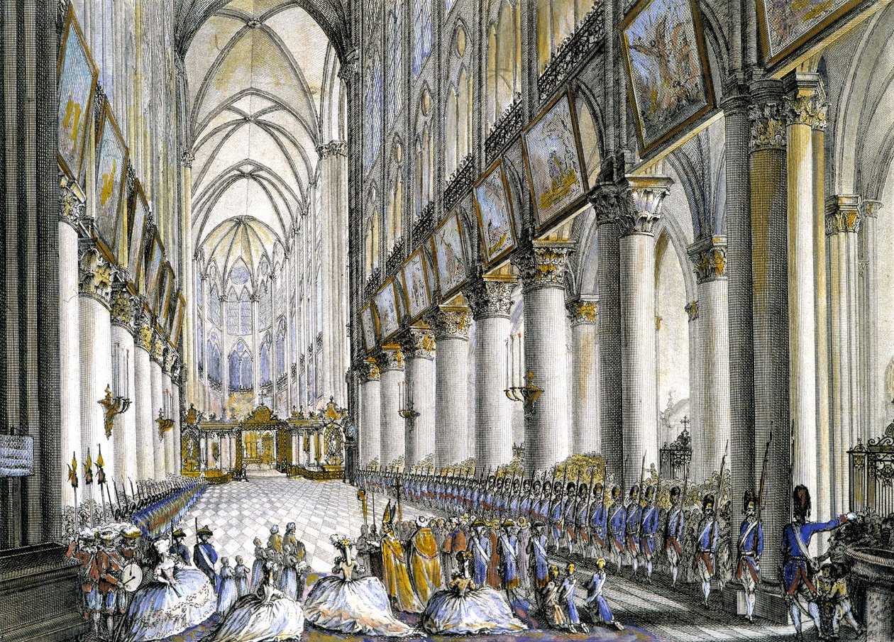 A Notre-Dame de Paris belső képe, Marie Antoinette (1755-1793), Franciaország királynője érkezésekor, hogy részt vegyen a fia, a leendő XVII. Lajos (1785-1795) születéséről tartott híres misén. Metszet 18. század. alkotó: French School
