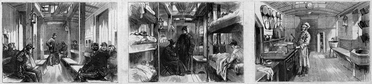 A francia Societe de secours aux wesses militaires egészségügyi vonatának mentőkocsijának és konyhai kocsijának belső képe. Metszet a „” Le Monde Illustré”” 846. számában, 1873. június 28. alkotó: French School