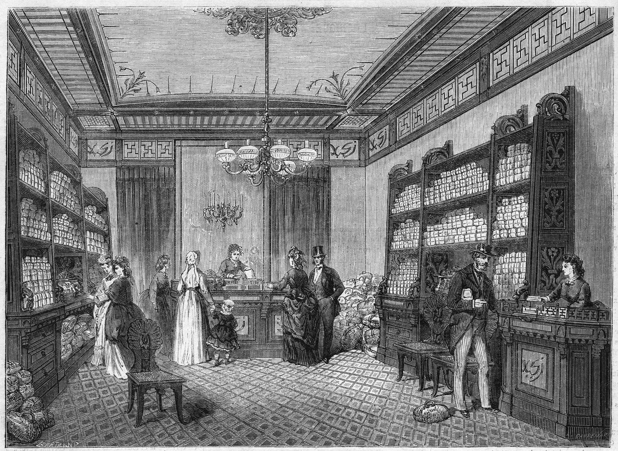 A „Compagnie du Moka-Zanzibar” kávézó belső képe, Párizsban, a rue Vivienne 47. szám alatt. Metszet a „” Le Monde Illustré”” 808. számában, október 5-én alkotó: French School