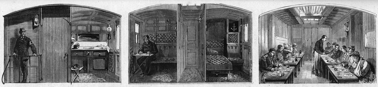 A francia Societe de secours aux wesses militaires egészségügyi vonatának orvosi kocsijának és refektóriumi kocsijának belső képe. Metszet a „” Le Monde Illustré”” 846. számában, 1873. június 28. alkotó: French School