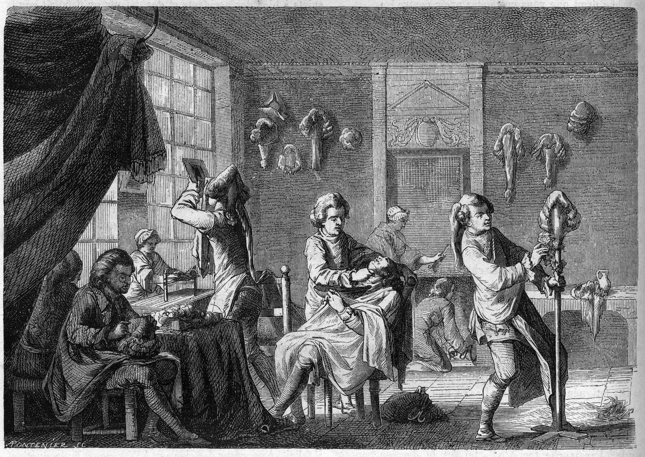 XV. Lajos (XVIII. század) alatti francia paróka boltjának belső képe. Dargent metszet alkotó: French School