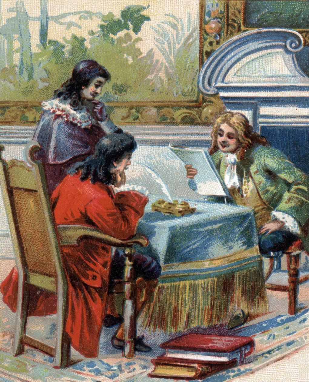 Gottfried Wilhelm Leibniz (1646-1716) német filozófus interjúja Jacques-Benigne-vel (Jacques Benigne) Bossuet-vel (1627-1704), francia teológussal és íróval. kromolitográfia. alkotó: French School