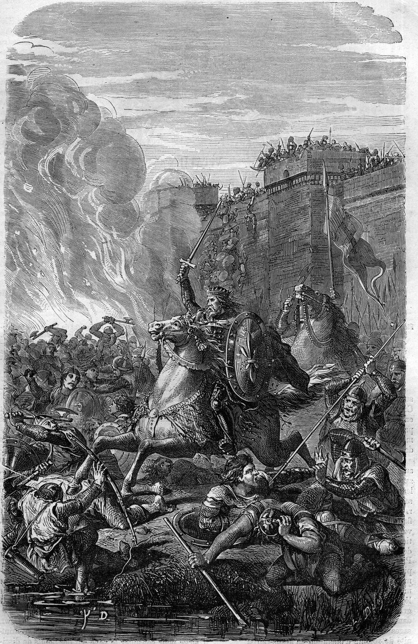 I. Alarik, a vizigótok királya által 410-ben történt Róma megszállása és kifosztása. Vésett Maurice Lachatre „Histoire des Papes-Rois-Queen and Empereurs a travers les centuries” című könyvébe. alkotó: French School