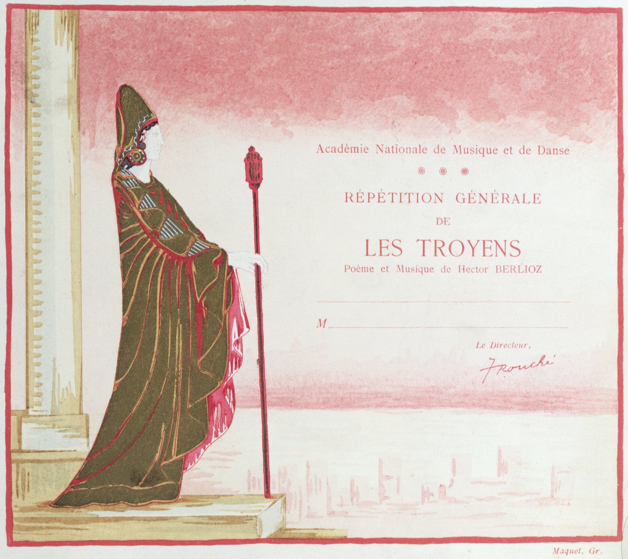 Meghívó a Les Troyens (A trójaiak) előadására, amelyet Hector Berlioz (1803-69) komponált az Opera de Parisban, 1921 alkotó: French School
