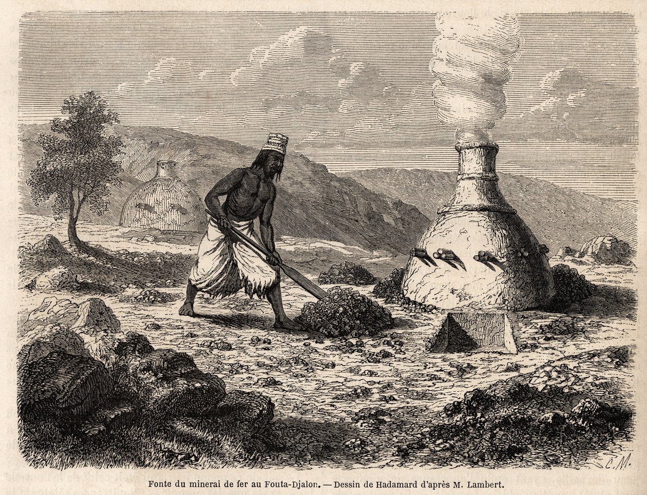 Vasércolvasztás a szenegáli Fouta Djalonban, Hadamard rajza, Lambert hadnagy 1860-as Fouta Djalon-i utazásának illusztrálására. Metszet a "Le tour du monde" 1861-es számában. Selva gyűjteménye. alkotó: French School