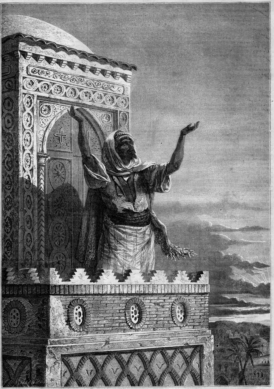 Iszlám: A müezzin esti imára hívja a híveket egy afrikai mecset minaretjéből. Metszet a „” Le Monde Illustré”” 297. számában, 1862. december 20. alkotó: French School