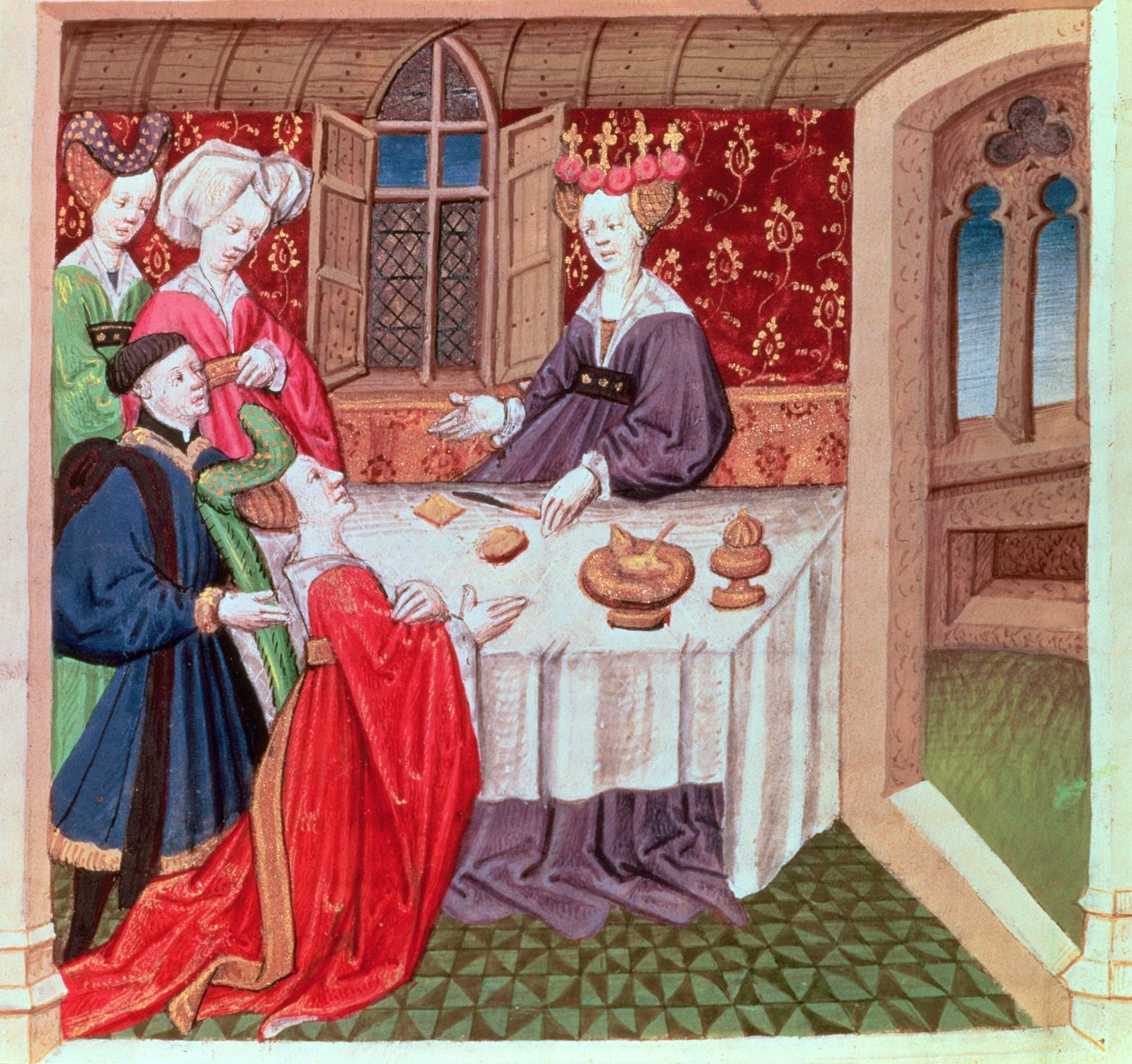 Isolde Guinevere királynőtől könyörög védelemért, Roman du Chevalier Tristan alkotó: French School