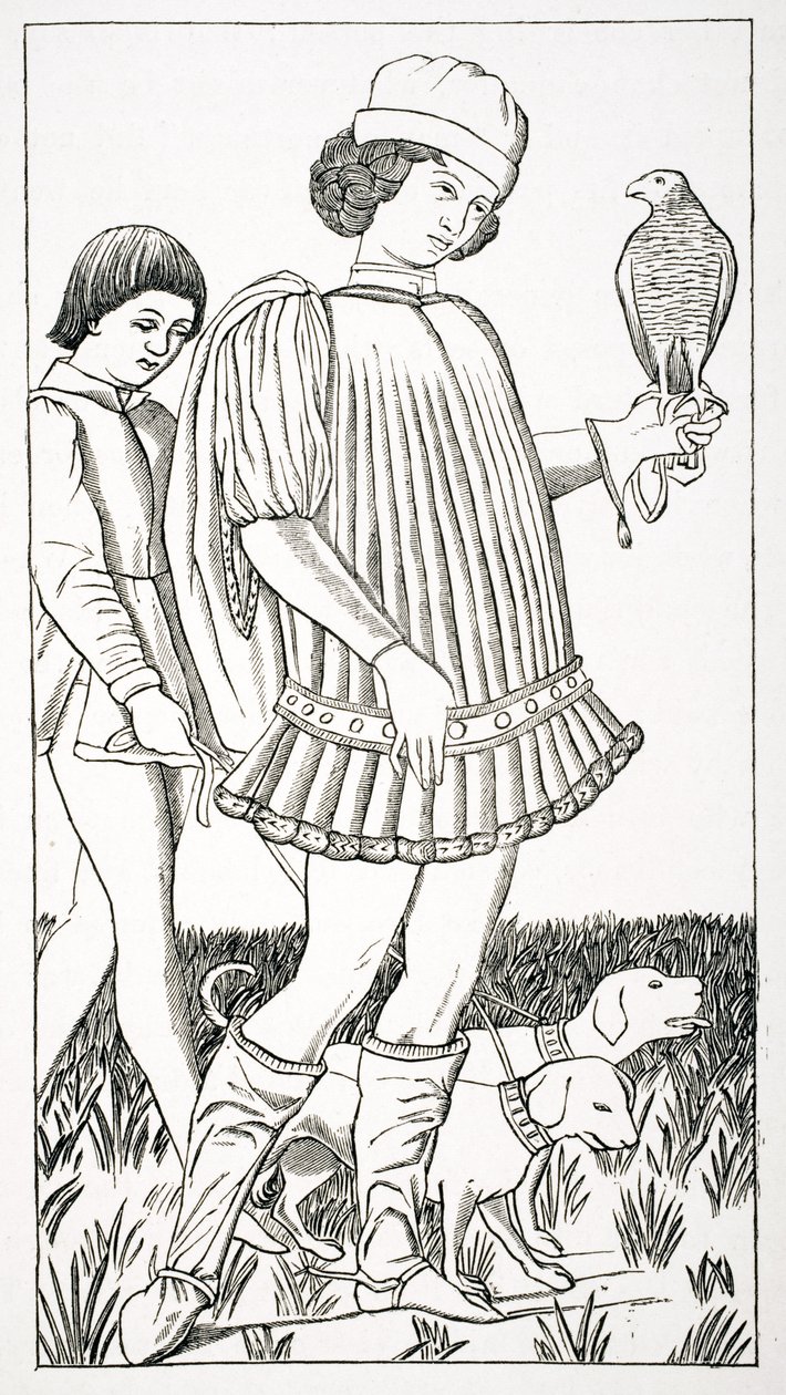 Olasz nemes, aki sólymot tart, egy rézbe vésett játékkártya után, 1460 körül, Paul Lacroix (1806-84) 1847-ben megjelent „Le Moyen Age et La Renaissance” című művéből alkotó: French School