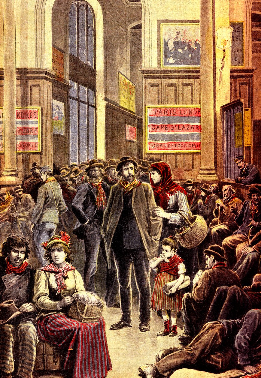 Olasz emigránsok Párizsban a Gare Saint Lazare pályaudvaron 1896 márciusában (metszet) alkotó: French School