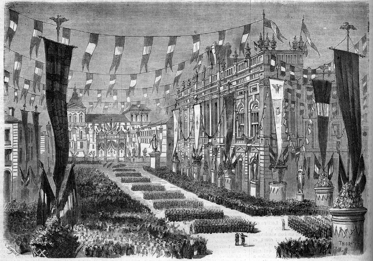 Olasz egyesülés, Torino, 1860. április 2.: a vártér (Piazza Castello) díszítése az olasz parlament megnyitása alkalmából. Metszet a „” Le Monde Illustré”” 157. számában, 1860. április 14. alkotó: French School