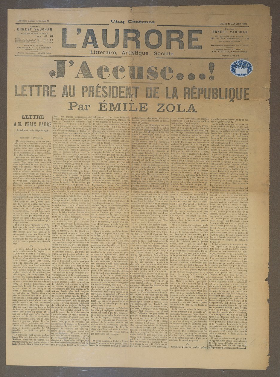 Emile Zola (1840-1902) vádlevele, megjelent LAurore-ban, 1898. január 13. (nyomtatott) alkotó: French School