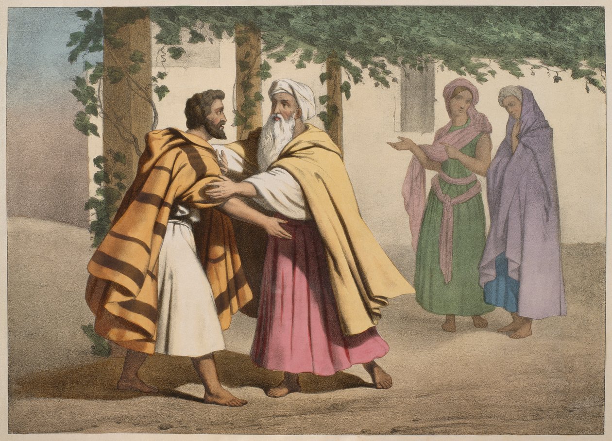Jákob Lábánnal és lányaival, illusztráció az LHistoire Sainte katekizmusból, Charles Delagrave kiadó, Párizs, 19. század vége alkotó: French School