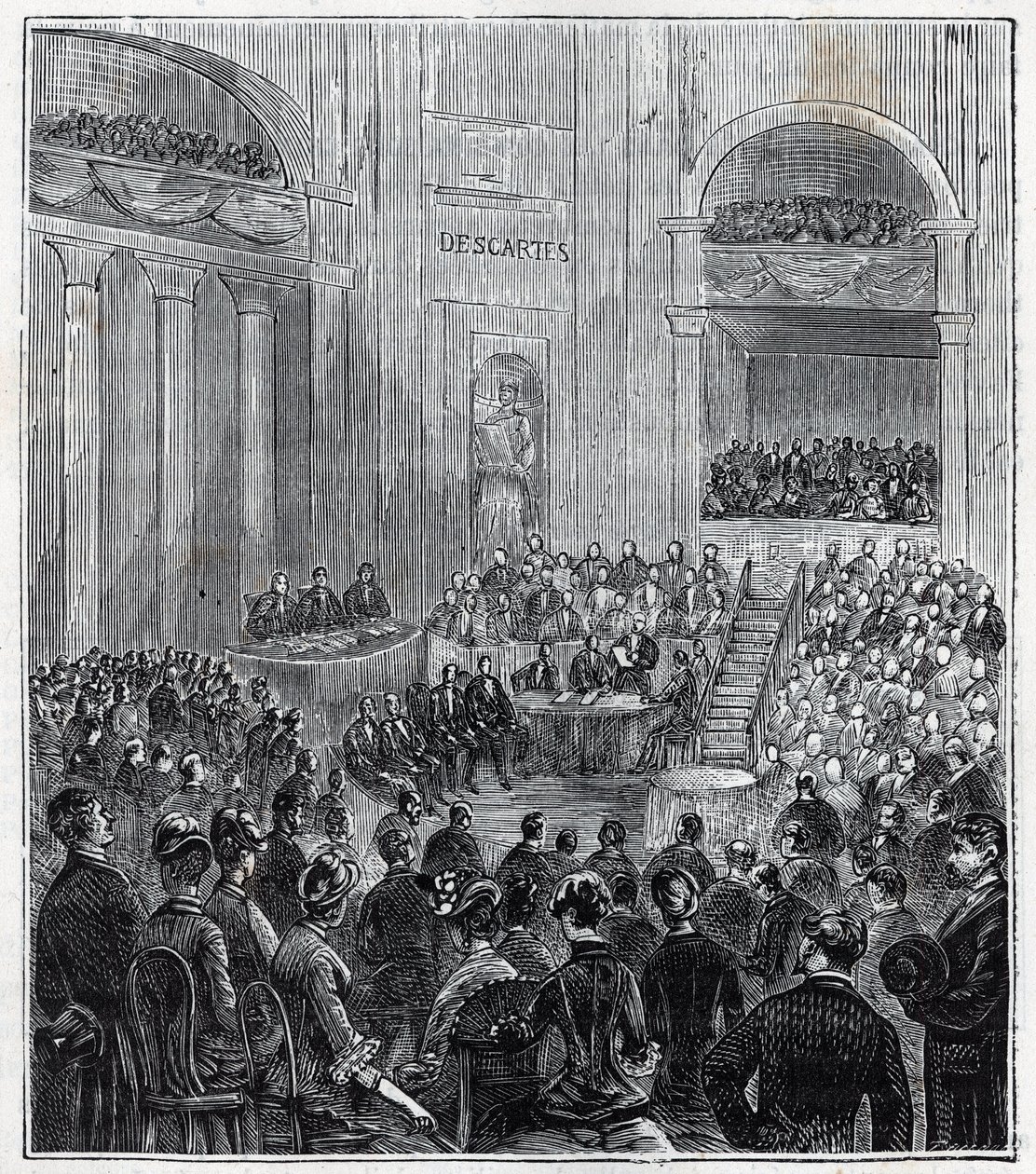 Jacques Babinet (1794-1872), francia fizikus és csillagász az öt akadémia ünnepélyes találkozóján 1840-ben – Alexis Clerc „A tudományok mindenki számára elérhetővé tett tudományok – fizika és kémia” című metszete – 19. század vége. Magángyűjtemény. alkotó: French School