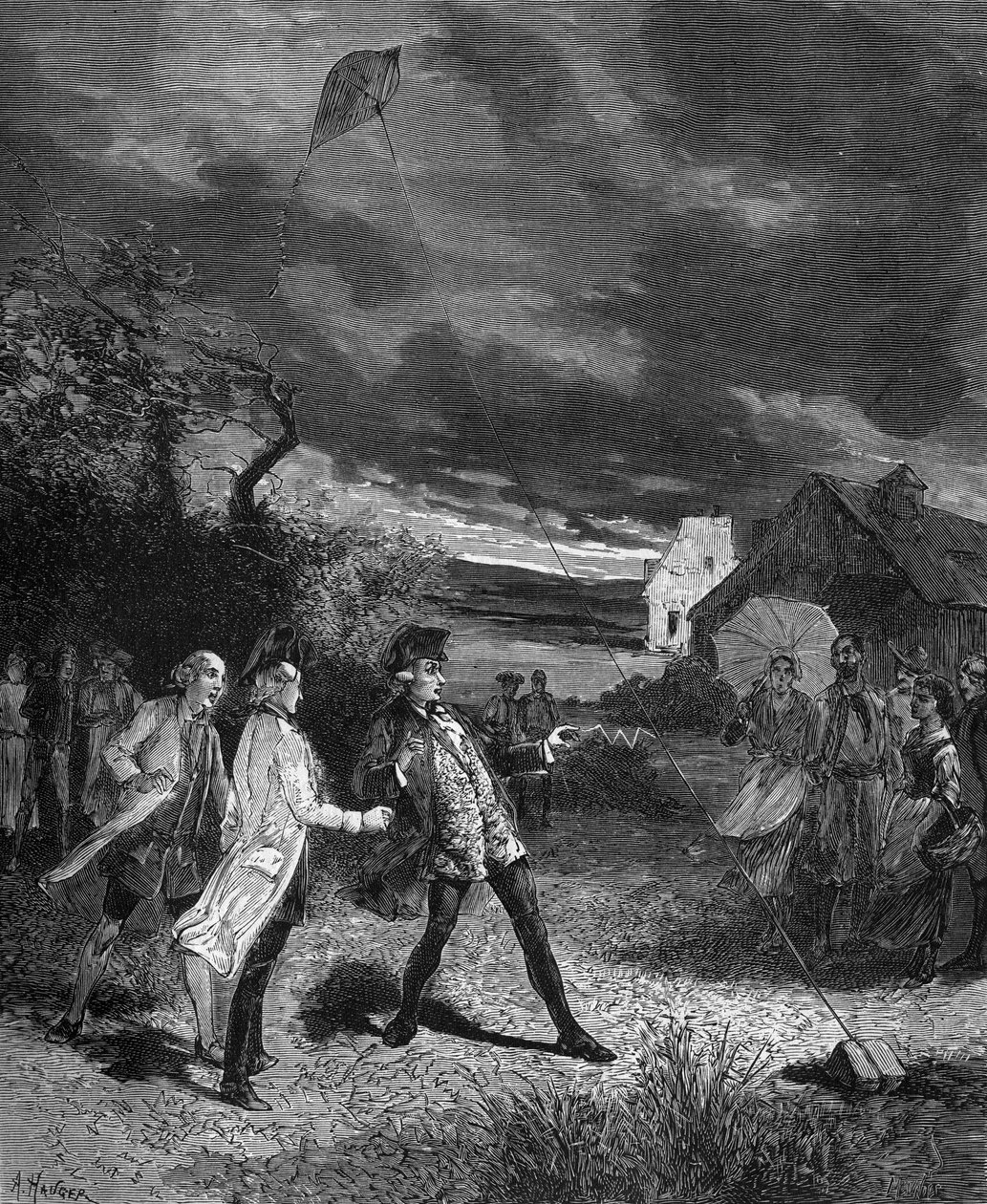 Jacques de Romas (1713-1776), francia fizikus, 1752-ben kísérletezett egy sárkányrepülővel a légköri elektrolit rögzítésére. alkotó: French School