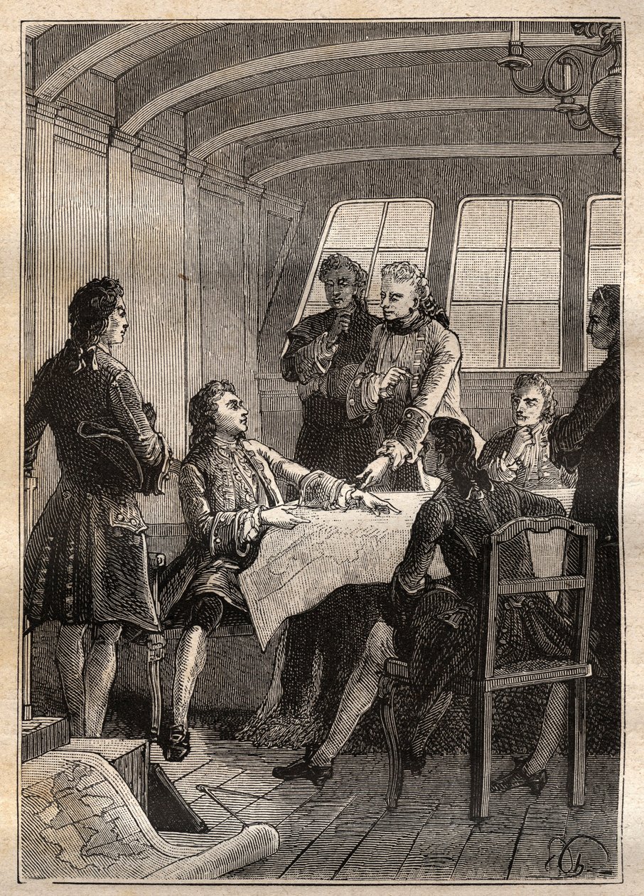 Jakob (Jacob) Roggeveen (1659-1729) holland felfedező 1722-es Csendes-óceáni útja során - illusztráció a „18. századi nagy tengerészek” című könyvből. alkotó: French School