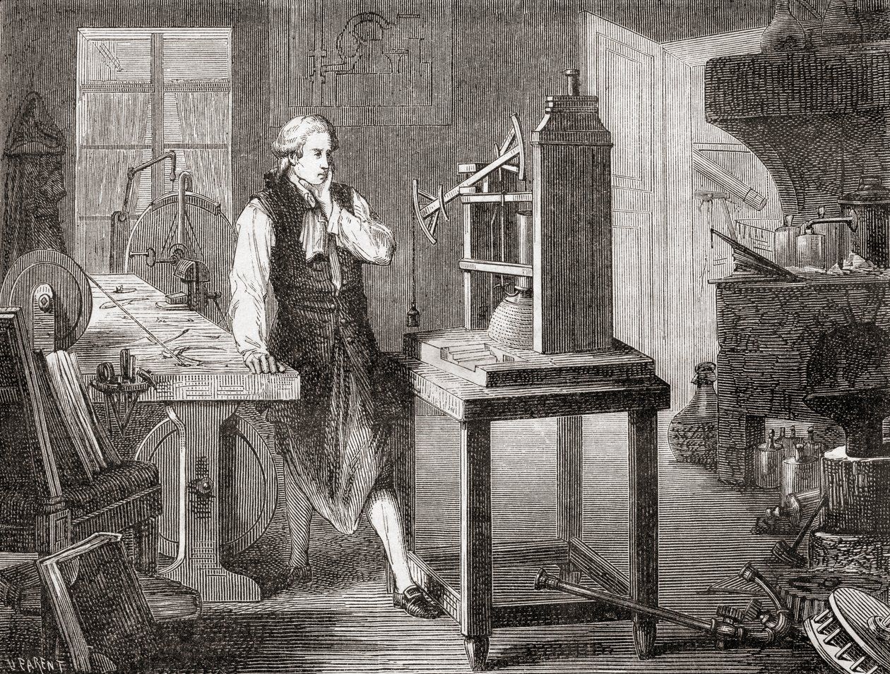 James Watt a glasgow-i műhelyében Thomas Newcomen 1712-es Newcomen gőzgépén javított Watt gőzgépével 1781-ben, a Les Merveilles de la Science, pub.1870. alkotó: French School