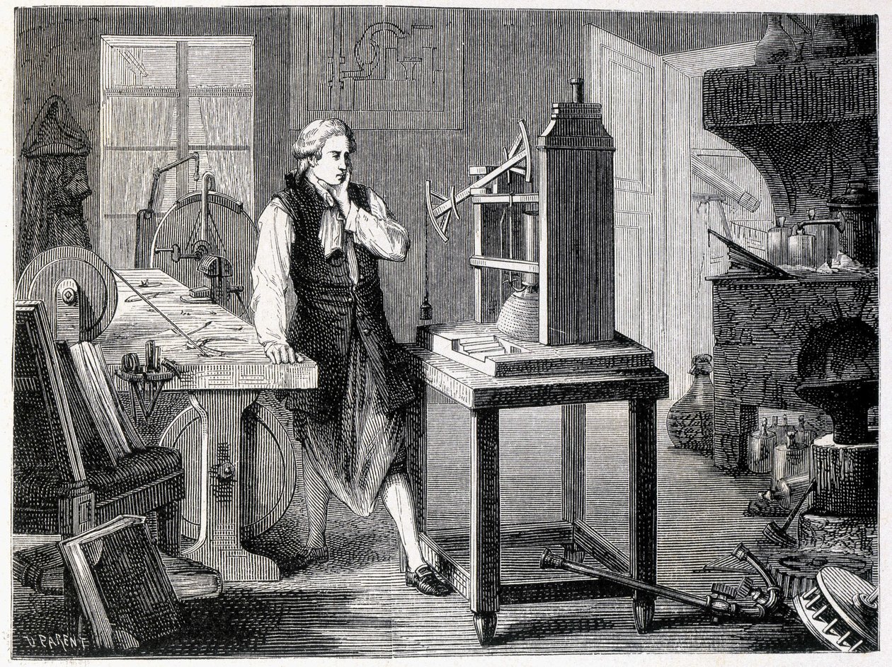James Watt a Newcomen-féle gép tökéletesítését tanulmányozza (1767) - a „” Album of Science-ben; jeles tudósok; Nagy felfedezések”” 1896. alkotó: French School