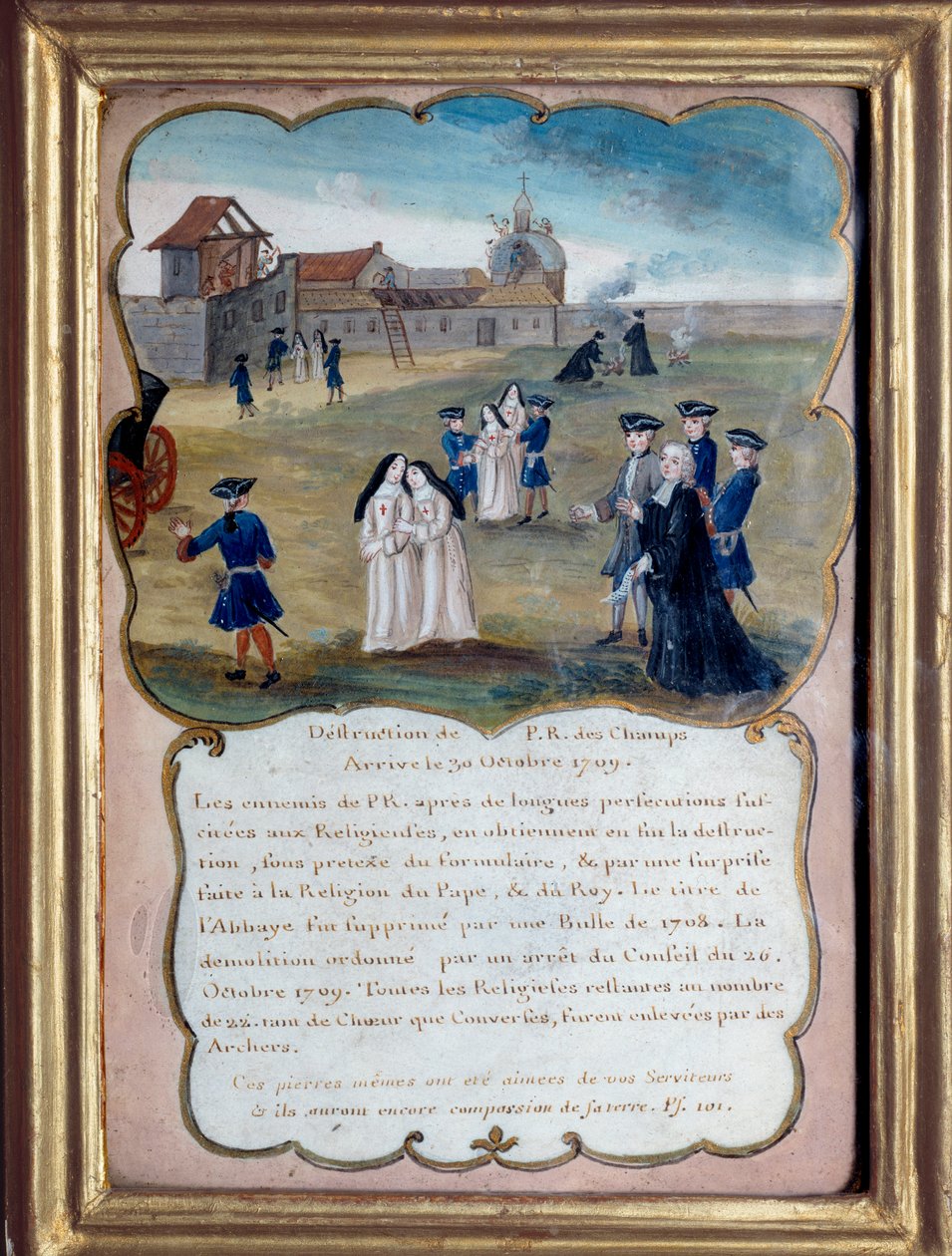 Janzenizmus „” A Port royal des champs (Port-Royal-des-Champs) apátság lerombolása 1709-ben az eretnekség vádja miatt”. 18. századi névtelen gouache. Port Royal, Musee Des Granges. alkotó: French School