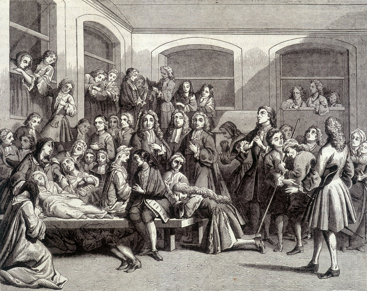 Jansenism: the convulsionaries of the cemetery Saint-Médard on the grave of deacon Parîs (1690 - 1727) where “miracles” occurred. 18th century print. alkotó: French School