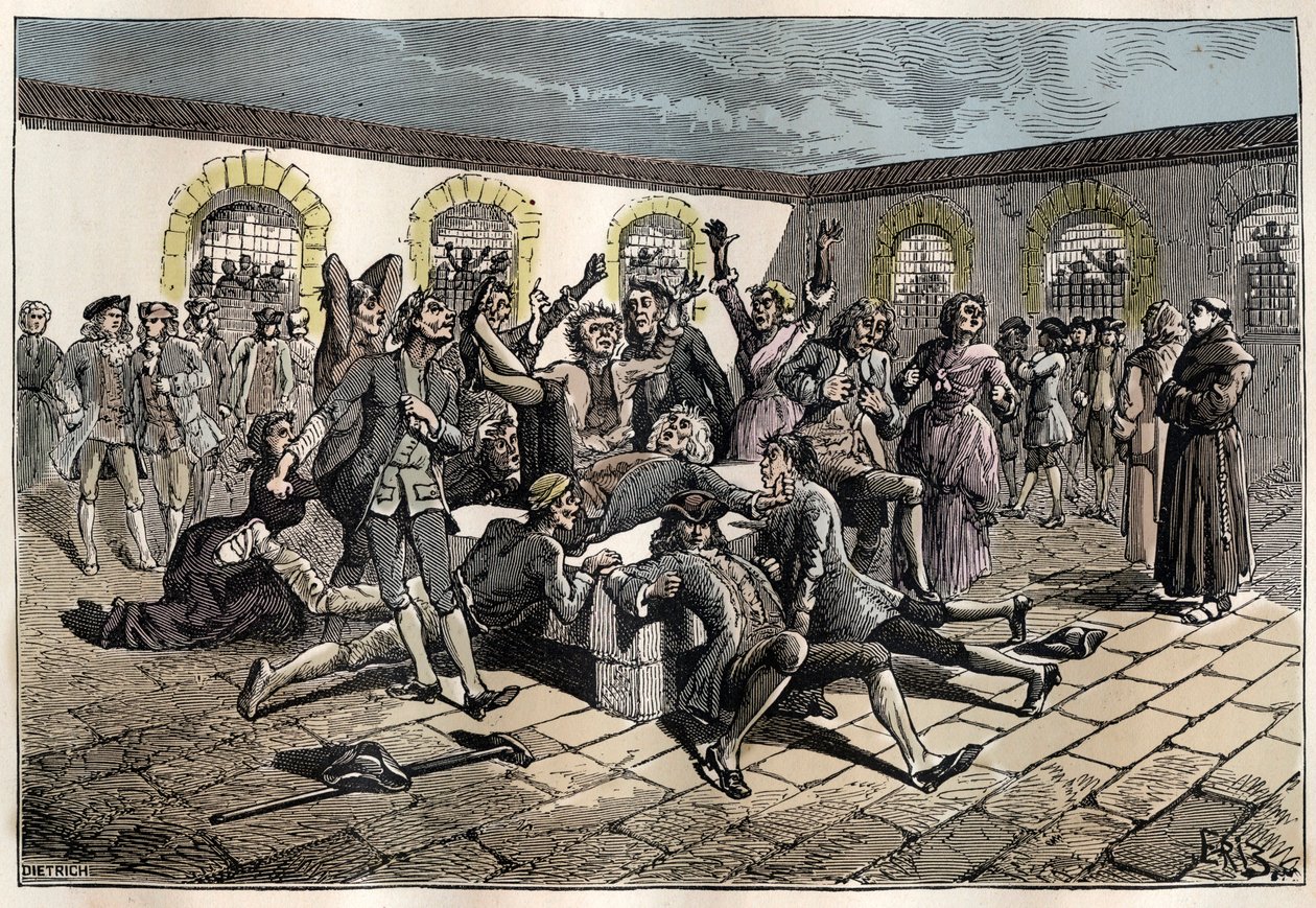 Janzenista convulsionary (vagy Szent Medárd) (Görcsök alkotásai) a 18. században: „” a betegek és a betegek Saint-Medard temetőjébe mennek (ahol Francois Paris diakónus sírja található), hogy csodával határos módon guerisek legyenek” (Convulsionnaire prakt alkotó: French School