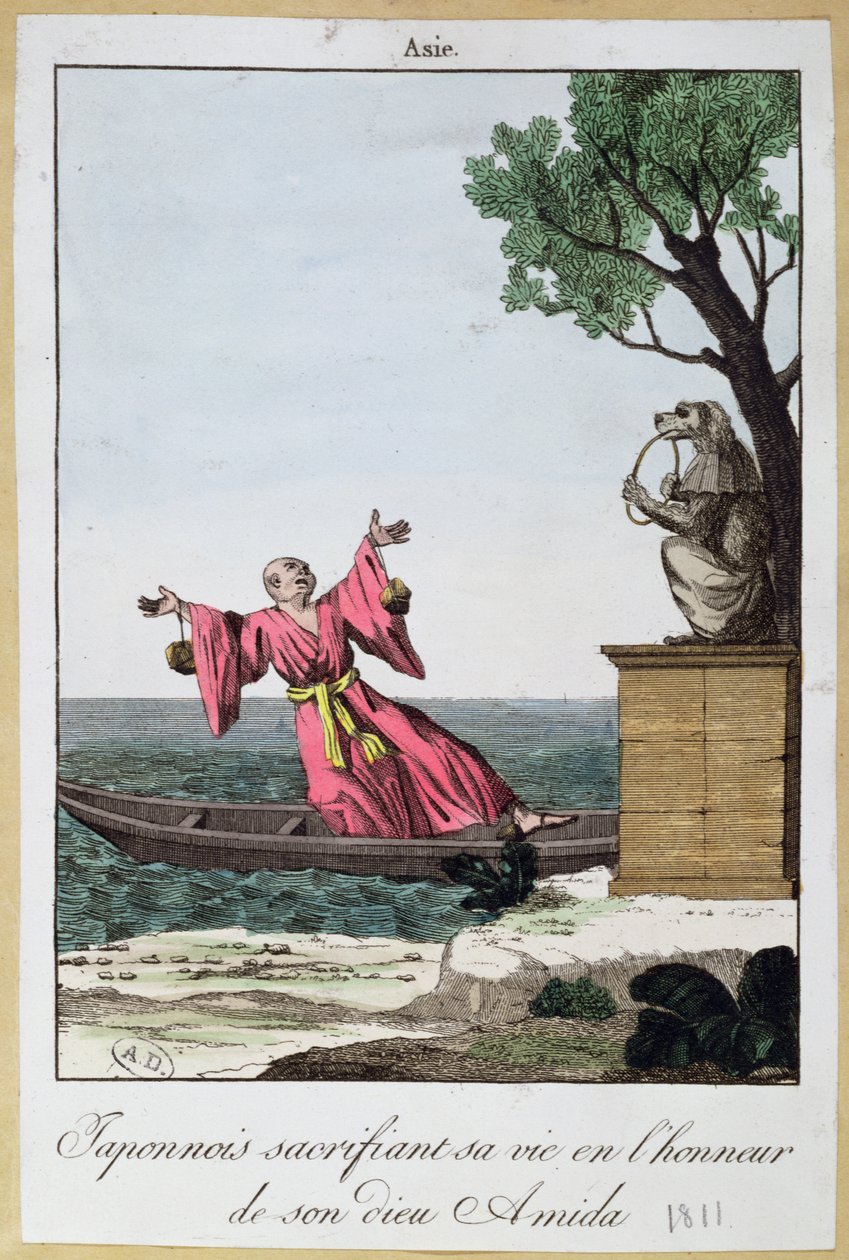 Japán férfi életét áldozza Amida isten tiszteletére, 1811 (színes litho alkotó: French School