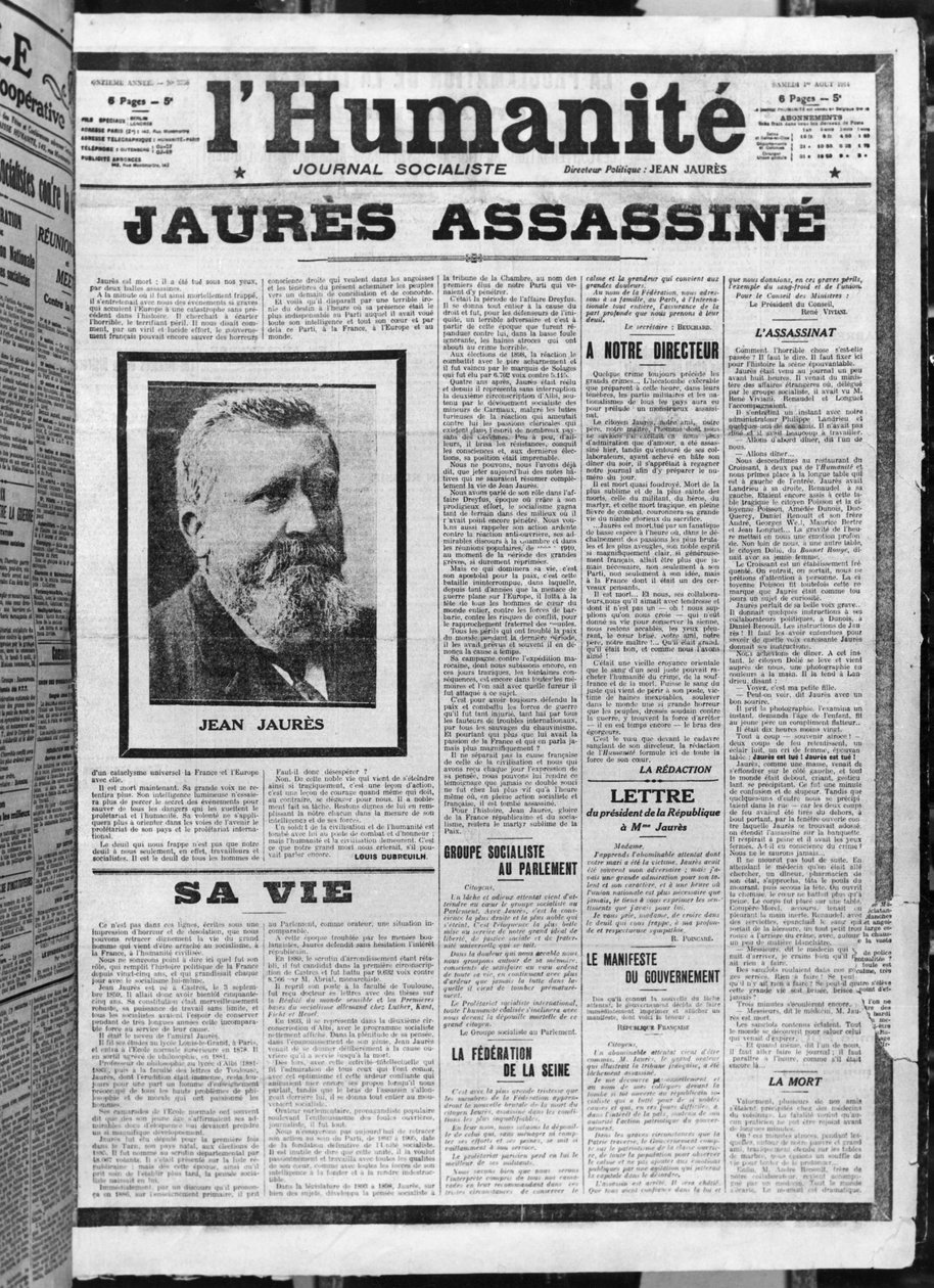 Jaurest meggyilkolták, LHumanite-ból, 1914. augusztus 1-jén (fotoliter) alkotó: French School