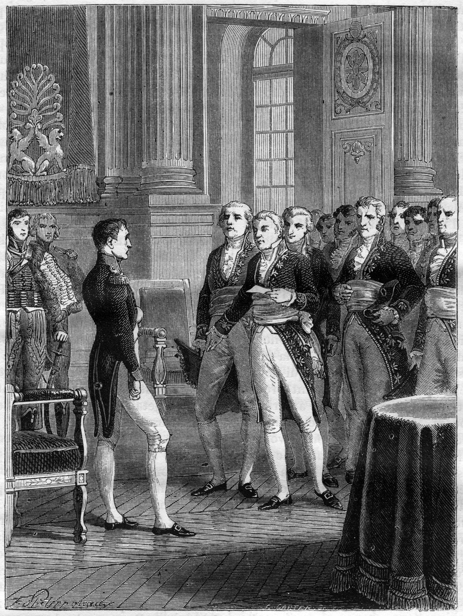 Jean-Pierre-Louis de Fontanes beszéde Napóleon Bonaparte első konzulnal a párizsi polgári törvénykönyv elkészülte alkalmából alkotó: French School