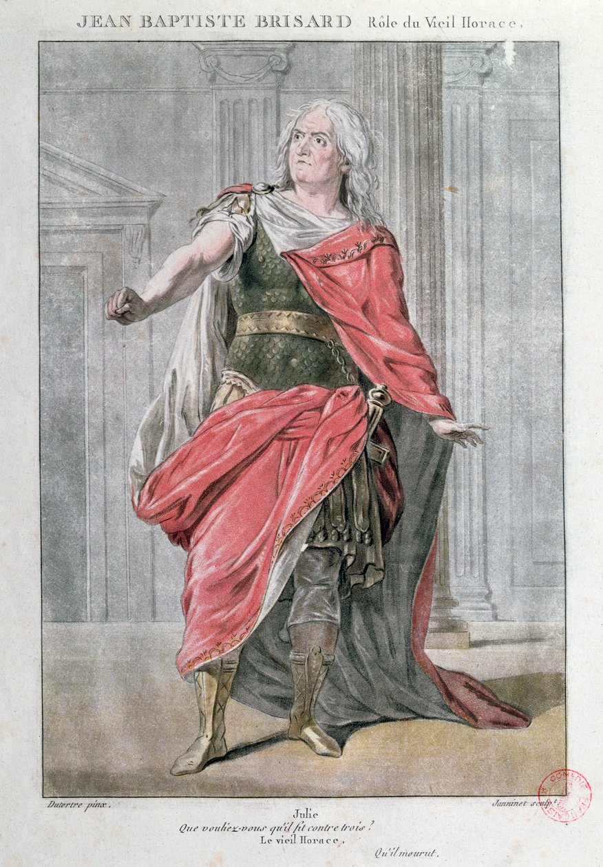 Jean Baptiste Brisard Vieil Horace szerepében Corneille Horace című tragédiájában (színes metszet) alkotó: French School