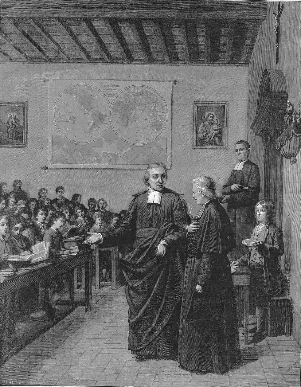 Jean Baptiste De La Salle (Jean-Baptiste) 1651-1719 francia vallású, a keresztény iskolák testvérei gyülekezetének alapítója, egyik iskoláját megmutatta M de La Chetardie-nak. Metszet a 19. század végéről. alkotó: French School
