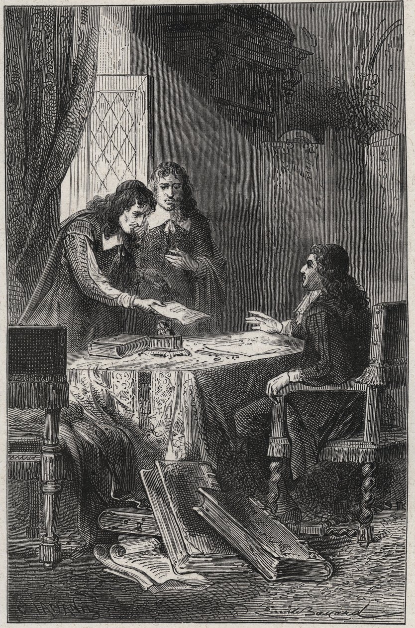 Jean Chapelain (1595-1674) francia költő és irodalomkritikus, valamint Pierre Costar (1603-1660) átadta Jean Baptiste Colbert (1619-1683) azoknak az íróknak a névsorát, akik megérdemlik, hogy a király nyugdíjas legyen – a „Les Hommes Celebres de la” vésett alkotó: French School