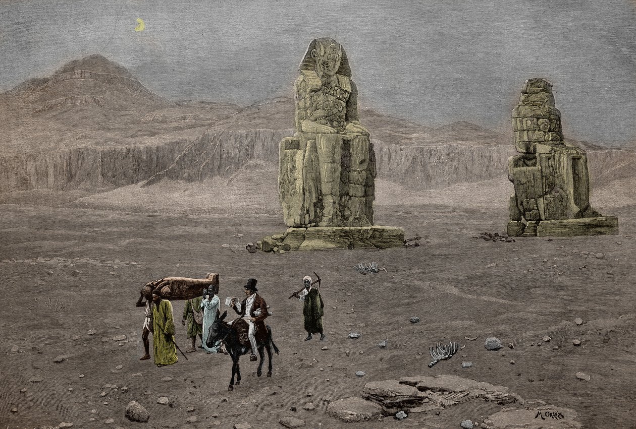 Jean Francois Champollion a Memnon-kolosszusoknál, Egyiptom (metszet) alkotó: French School