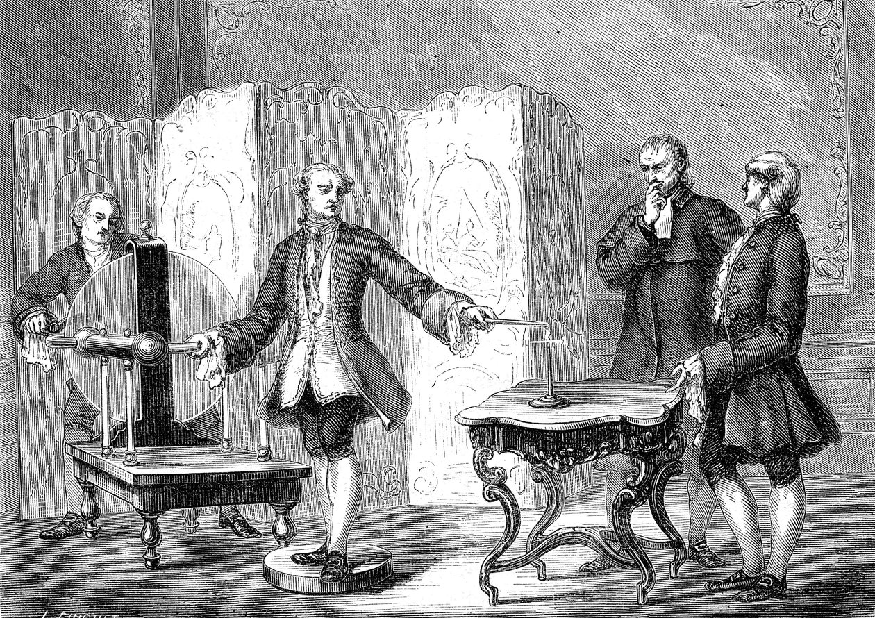 Jean JALLABERT (1712-1768), svájci fizikus elektrolitot fedez fel éles tárgyakon (FRANKLIN: Power of the Pointe). metszet 1867 alkotó: French School
