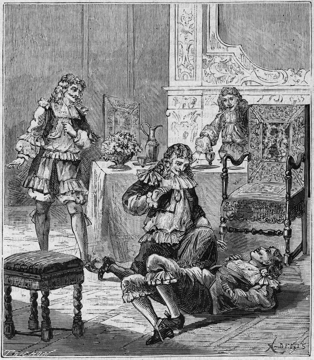 Jean de SANTEUL (Santeuil) (1630-1697) megmérgez egy pohár borral, amelybe spanyolországi dohányt tettek – Alexis Clerc „Mindenki számára elérhető tudományok – fizika és kémia” vésése – 19. század vége – Magángyűjtemény alkotó: French School