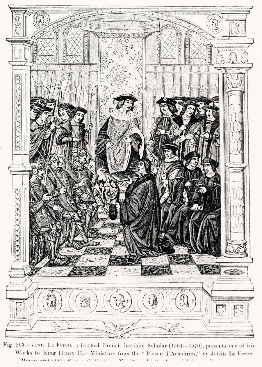 Jean le Feron (1504-70) bemutatja egyik művét II. Henrik királynak (1519-89) a Blason dArmoires-ból, Jean le Feron, illusztrációja a Tudomány és irodalom a középkorban és a reneszánsz írásból. alkotó: French School