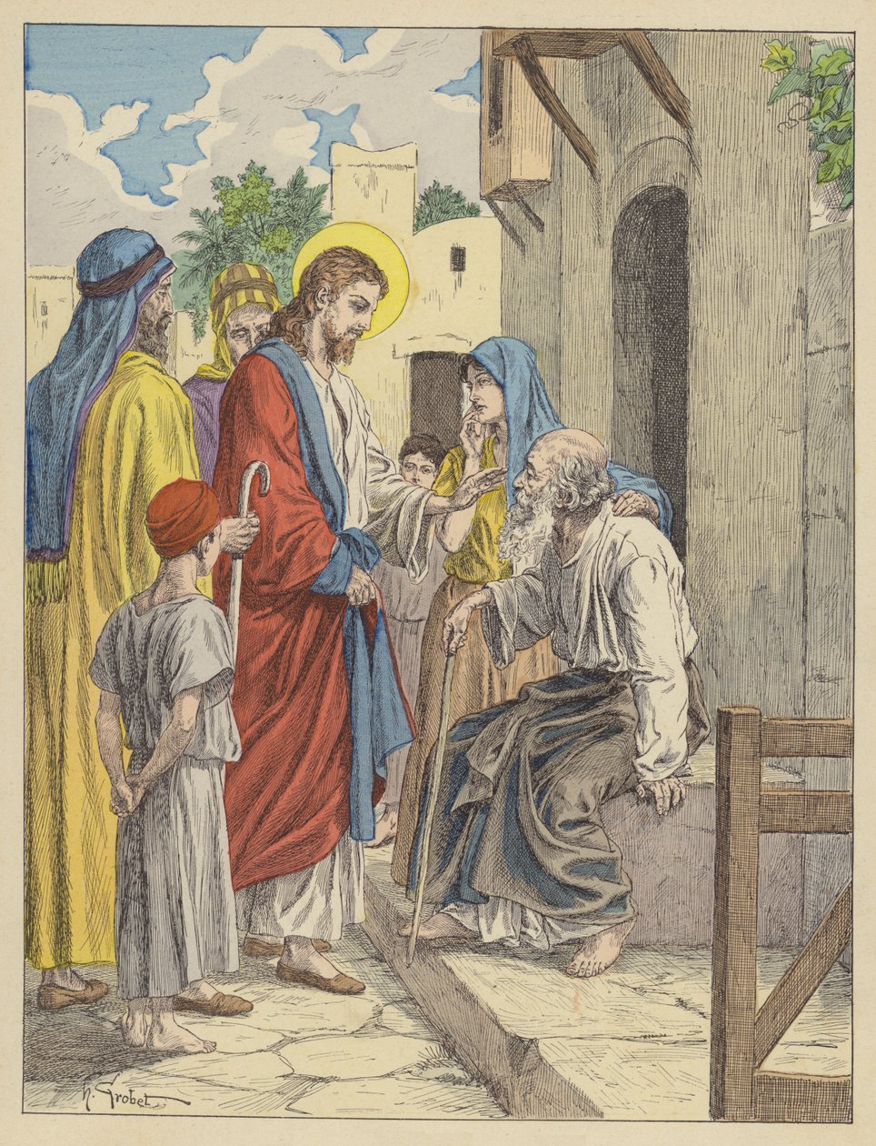 Jézus meggyógyítja a vak embert (színes litográfia) alkotó: French School