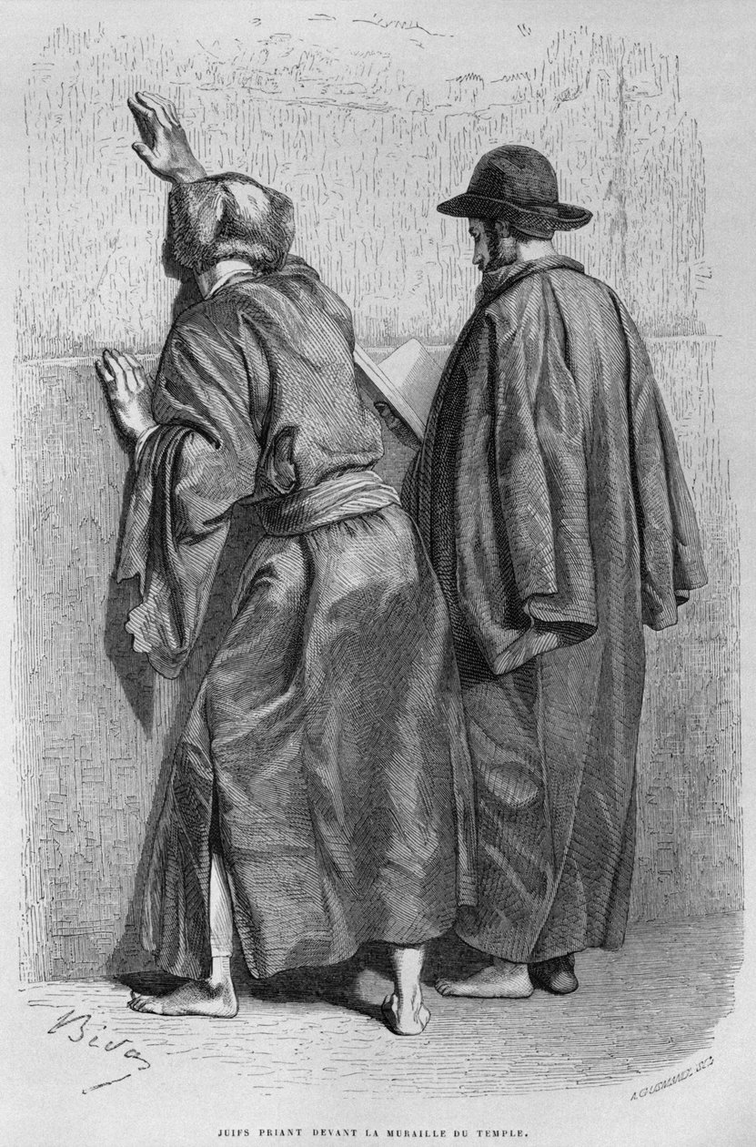Zsidó férfiak a Siratófalnál, Szíriából ma. Utazások Föníciában, Libanonban és Júdeában. Louis Charles Emile Lortet 1875-1880, 1884 (bw metszet) alkotó: French School