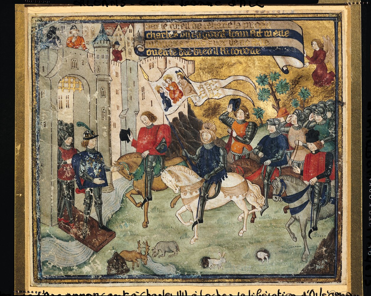 Jeanne of Arc (1412-31) bejelenti Orléans felszabadítását VII. Károlynak (1403-61) Loches-ban alkotó: French School