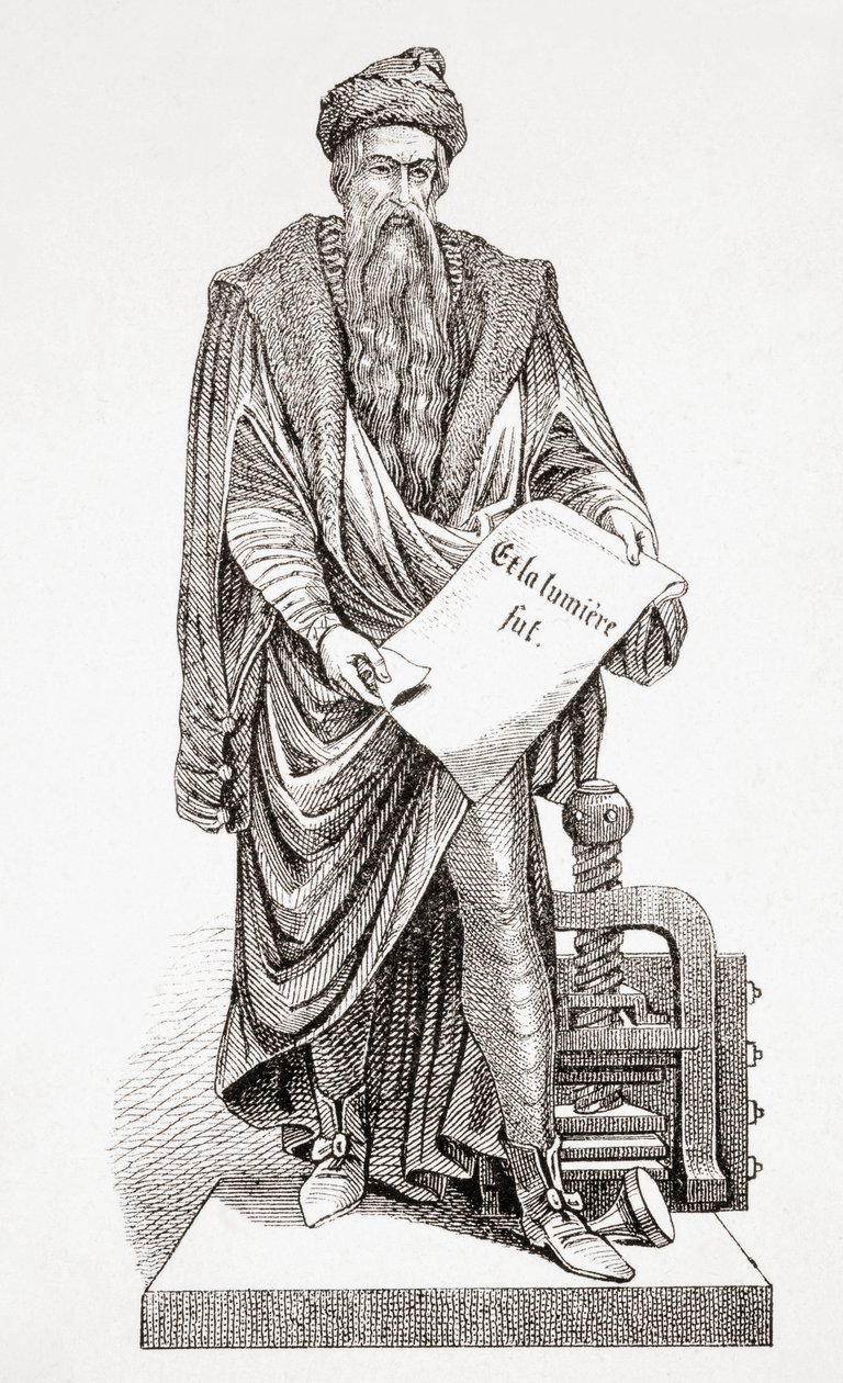 Johannes Gutenberg, az ókori és újkori egyetemes történelemből, megjelent Strasbourgban 1860 körül (metszet) alkotó: French School