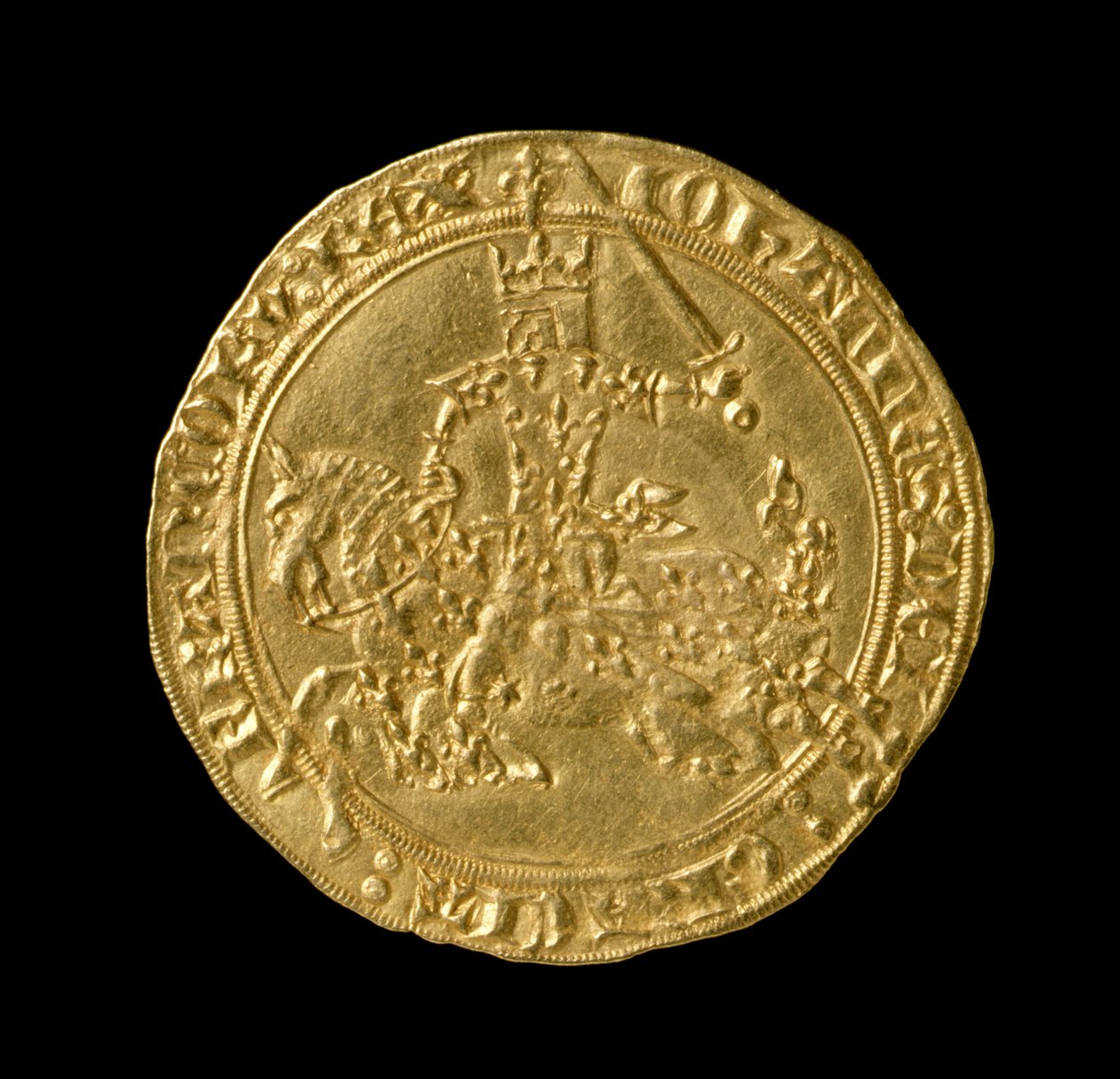 II. Jó János (1319-64) Franciaország királya, Franc a Cheval, 1350-64 (előlap) (arany) (a hátoldalt lásd: 168068) alkotó: French School