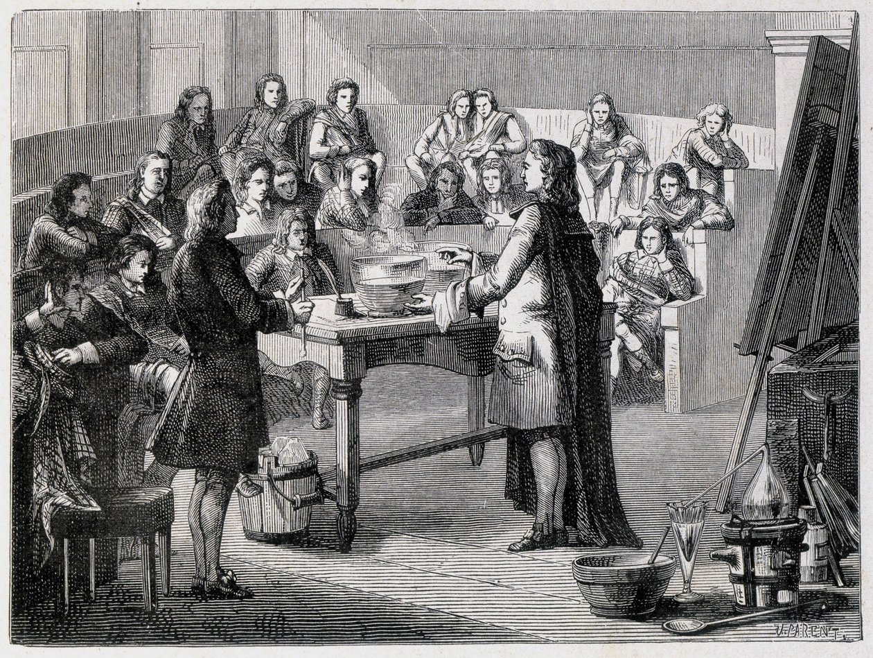 Joseph Black (1728-1799), brit kémikus és fizikus, a Glascow Egyetem hallgatói előtt tapasztalja meg a látens kalóriát alkotó: French School