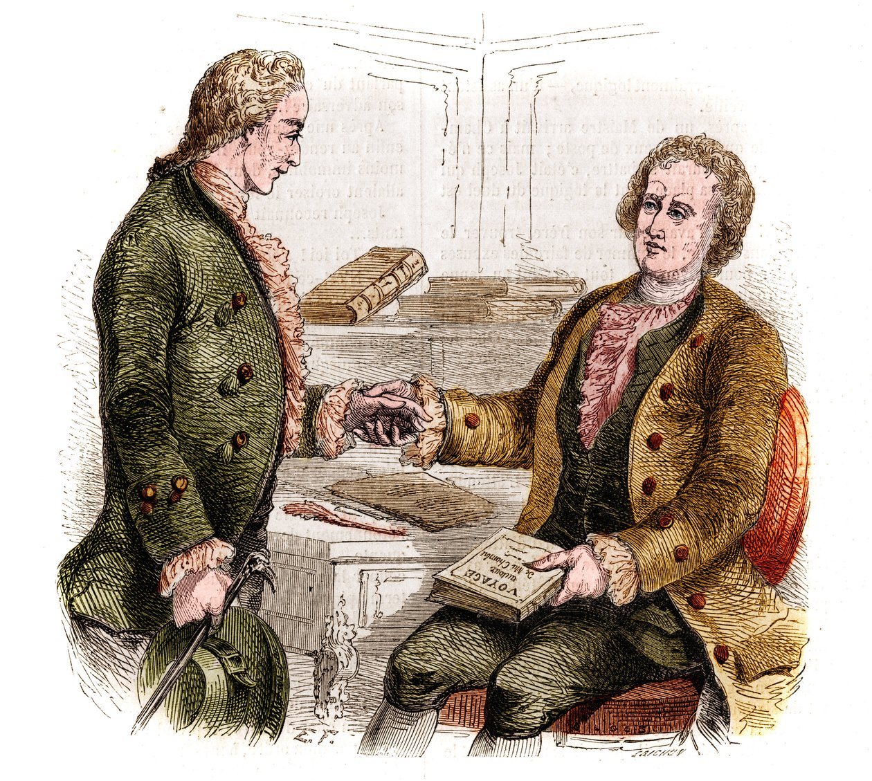 Joseph de Maistre (1753-1821), francia politikus, író és filozófus, valamint Xavier de Maistre gróf (1763-1852), francia tiszt és író az „Utazás a szobám körül” című könyv első példányával. Erdőrajz. Metszet 1852-ből. alkotó: French School
