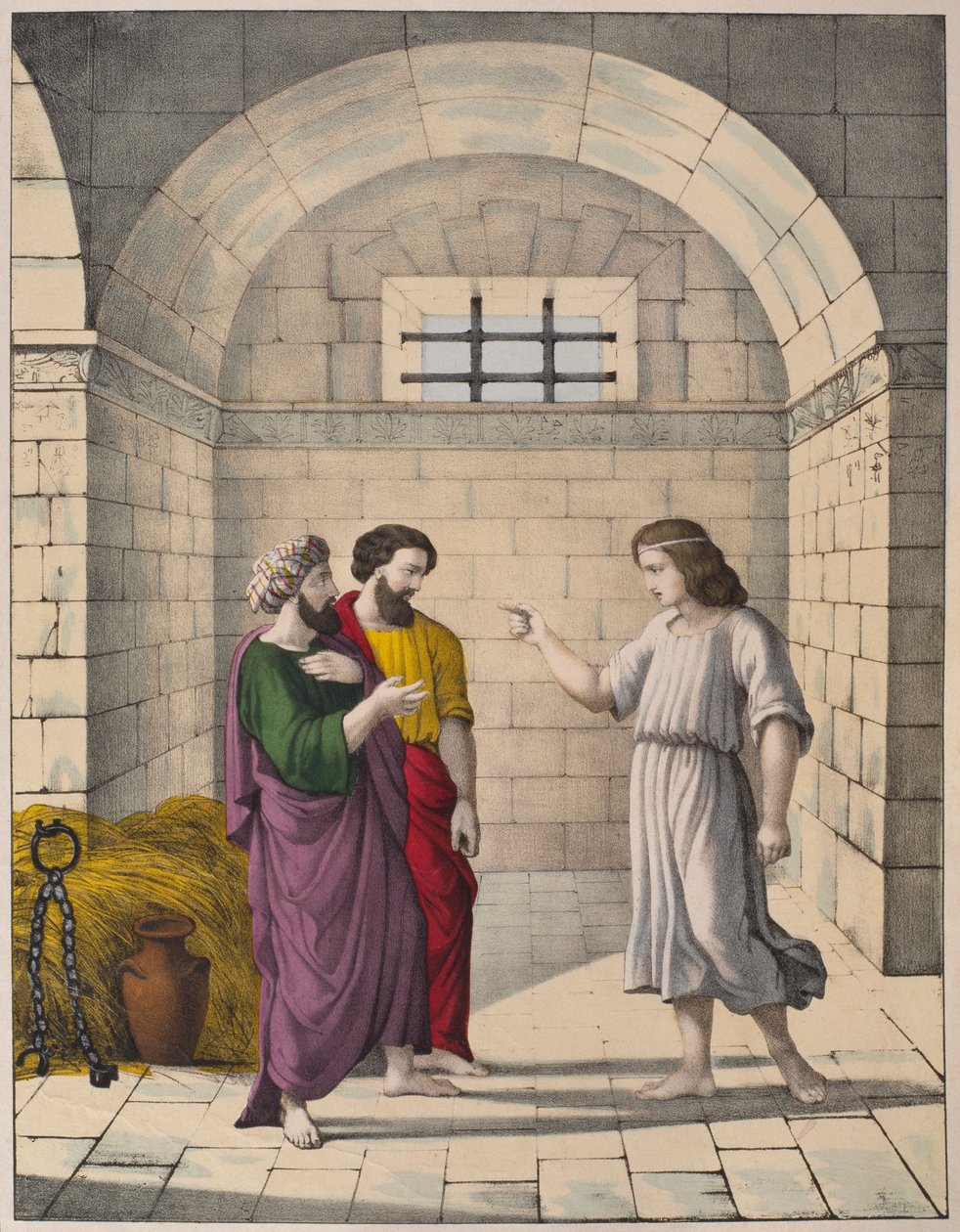 József a börtönben a főpék és a főkomornyik álmait magyarázza, illusztráció az LHistoire Sainte katekizmusból, Charles Delagrave kiadása, Párizs, 19. század vége alkotó: French School
