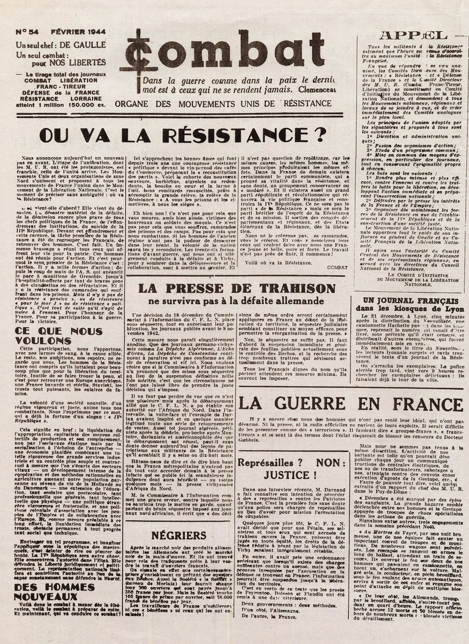 A COMBAT folyóirat - 54. szám - 1944. február - az egyesült ellenállási mozgalmak orgánuma. (titkos újság) – Hová lesz az ellenállás alkotó: French School