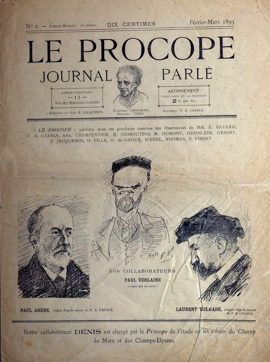 Journal du Proope, párizsi kávézó, 1895. február: Paul Verlaine, Paul Arene és Laurent Tailhade francia költők portréi. alkotó: French School