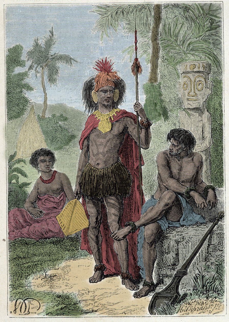 James Cook kapitány (1728-1779) utazása: a Marquesas-szigetek őslakosai – az illusztráció a „18. századi nagy tengerészek” c. alkotó: French School