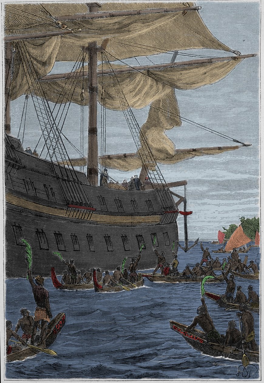 Samuel Wallis (1728-1795) utazása Polinéziába: az őslakosok banánágakat tartanak a kezükben üdvözlésképpen – az illusztráció a „18. századi nagy tengerészek” című könyvből vett. alkotó: French School