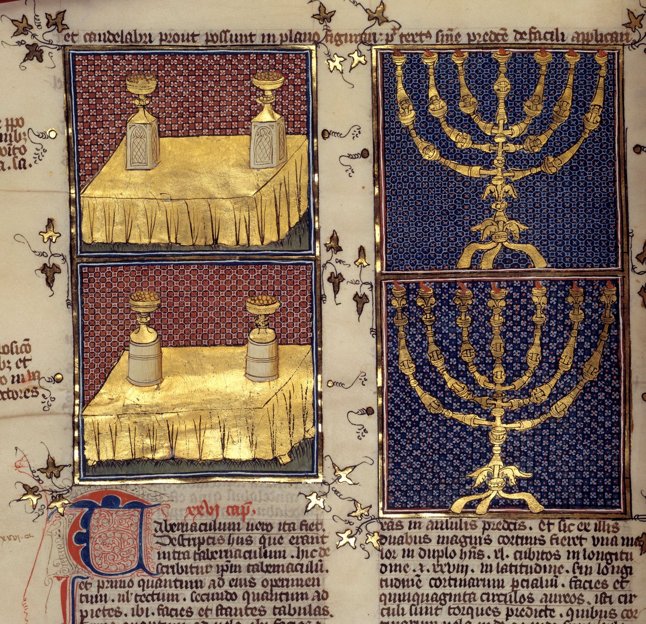 Judaizmus: a héber szertartásokban használt „” ajánlóasztalok és gyertyatartók””” Miniatűr Nicholas de la Lyra (13. század) „” Comments of the Bible” című könyvéből alkotó: French School